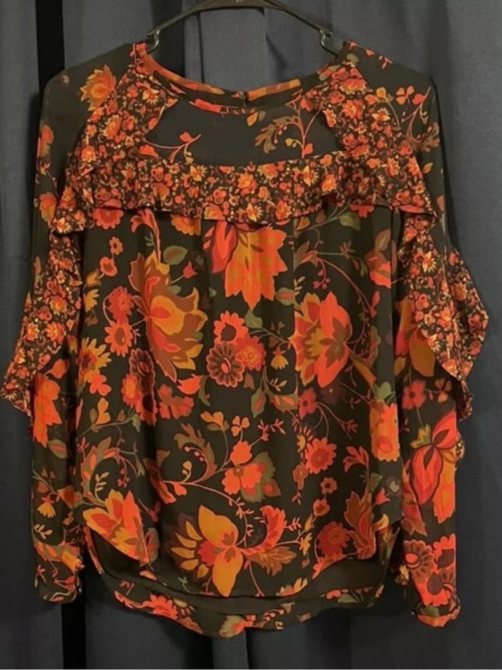 LOFT Black Floral Ruffle Blouse with Orange Red Print